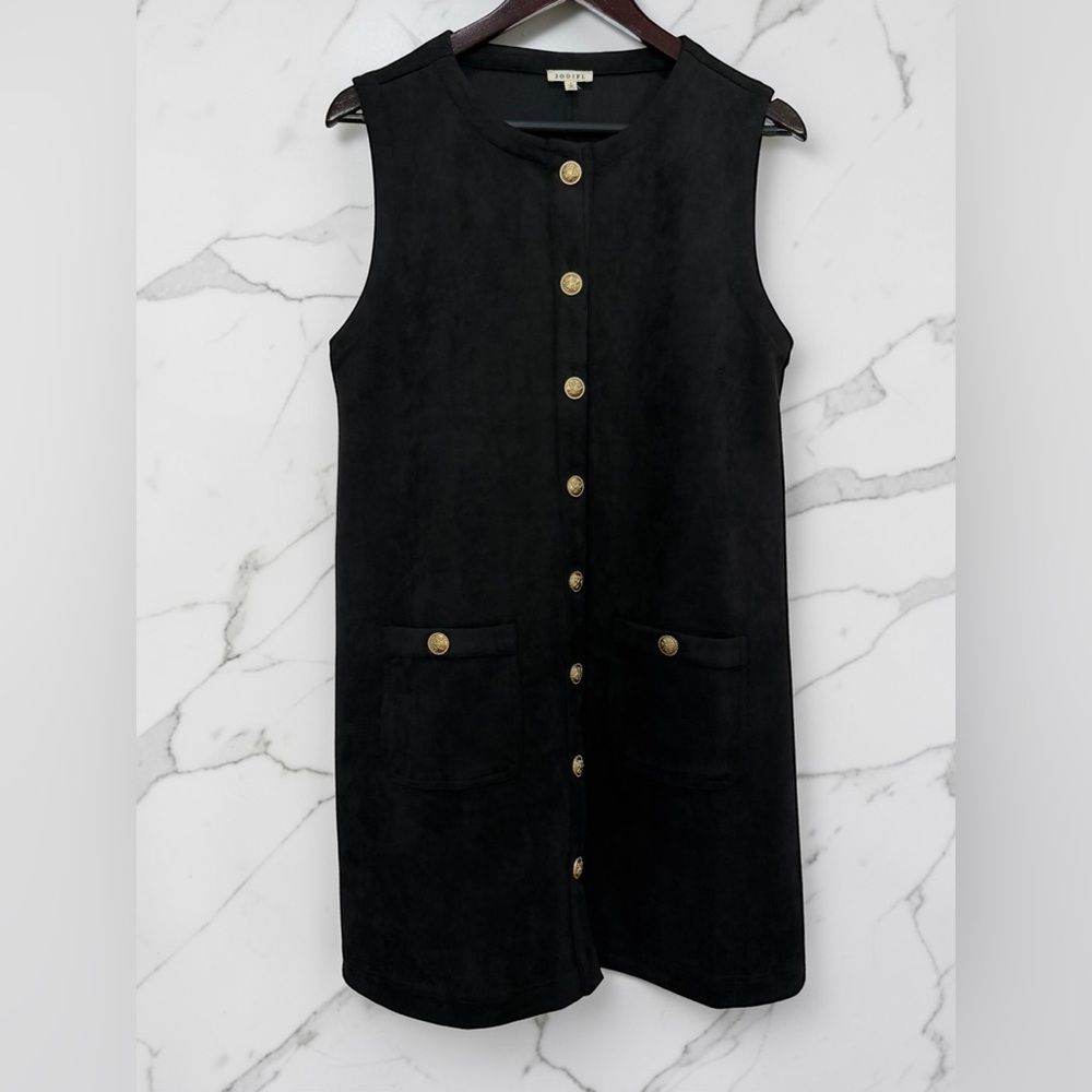 JODIFL Black Sleeveless Mini Dress with Gold Buttons and Patch Pockets